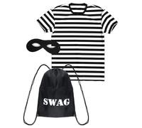 Mega_Jumble Unisex Burglar Robber Thief Fancy Dress Costume Black & White Stripe T-Shirt, Eye Mask | World Book Day/Week Halloween Theme Party Role Play Outfit, Size 5-13Years (XL)