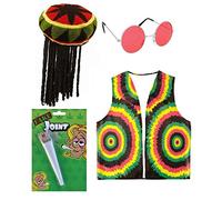 Mega_Jumble® Unisex Reggae Rasta Jamaican Hat w/Wig, Fake Spliff, Glasses & Vest - Caribbean RASTA RAGGAE JAMAICAN BOB MARLEY Adult Fancy Dress