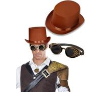Mega_Jumble Unisex Steampunk Bronze Goggle and Brown Vintage Top Hat Victorian Style Halloween Carnival, Theme Parties Costume Fancy Dress Medieval Steam Punk Set