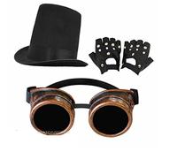 Mega_Jumble® Unisex Steampunk Victorian Stovepipe SCI-FI Set (Black Long Hat, Bronze Goggles & Gloves) Rustic Steampunk Style Goth Cosplay Vintage Goggles Rustic Rave Party Fancy Dress Costume