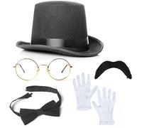 Mega_Jumble Victorian Gentleman Black Top Hat with Bow Tie, White Gloves, Moustache & Glasses- Classic Historical Gentry Accessory for Steampunk, Fancy Dress, or Lord Costume