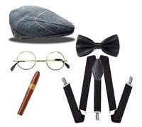 Mega_Jumble® Victorian, Gentleman, Old Man, 20's Tommy Shelby Fancy Dress Stag Night, Mens Gangster Costume Kit - Flat Cap, Glasses, Black Bow Tie, Black Braces, Fake Cigar