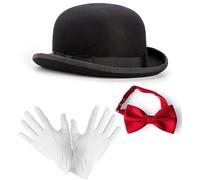 Mega_Jumble Victorian Nanny Costume Set - Black Bowler Hat, Red Bow Tie & White Gloves - Steampunk Accessories for Cosplay, Vintage Roleplay, Classic Dress-Up for Men & Women
