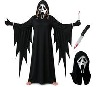 Mega_Jumble Women Howling Ghost Costume Adult Hooded Cloak/Robe, Ghost Scream Mask, Black Gloves, Bloody Knife | Scary Howling Ghoul Spooky Death Reaper Fancy Dress Outfit for Ladies (XL)