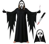Mega_Jumble Women’s Howling Ghost Screamer Costume Set - Hooded Cloak, Scream Mask, Black Gloves & Bloody Knife | Adult Halloween Death Reaper Outfit Fancy Dress (L)