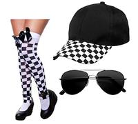 Mega_Jumble Women's Racing Race Car Driver Racer Sport Driver Super Car Girl Fancy Dress Costume Accessories Set Includes Cap, Checkered Stockings and Sunglasses