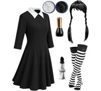 Mega_Jumble Women's Wednesday Addams Costume Set Ladies Gothic Manor Daughter School Girl Fancy Dress Cosplay Halloween Carnival Party Dress Up Outfits