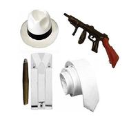 Mega_JumbleSale 1920's Adult Unisex Gangster Al Capone Set Hat Tie Suspender Braces Fake Cigar & Inflatable Tommy Gun Fancy Dress Costume Accessories White, Adult One Size