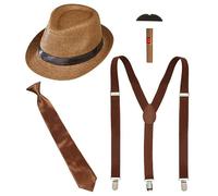 Mega_JumbleSale® 1920s Men Mafia Gatsby Gangsta Fancy Dress Costume Accessories Set with Roaring 20s Fashion Gangster Hat Suspender Tie Fake Cigar Moustache for Prom Cosplay Event Gangster Party