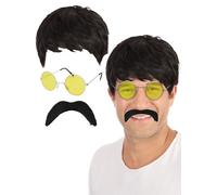 Mega_JumbleSale® 1960'S SERGEANT PEPPER Fab Four Lennon Ringo Beatles Kit - Black Wig. Mustache & Yellow Lens Glasses - Groovy 60's Abbey Rock Pop Star Adult Fancy Dress Set