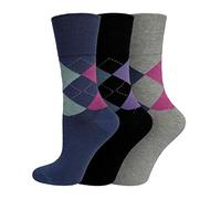 Mega_JumbleSale® 3 & 6 Pairs Ladies Womens ORGANIC Cotton Gentle Cuff Eazy Grip Diabetic Friendly Non Elastic Socks Size UK 4-8 (UK 4-8, 3 PAIRS Argyle Design)