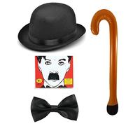 Mega_JumbleSale Adult Charlie Chaplin Black Bowler Hat, Black Bow Tie, Mustache & Inflatable Walking Stick Kit - TV 1920's 20's Movie Star Fun - Laurel & Hardy Stag Comedy TV Fun Fancy Dress