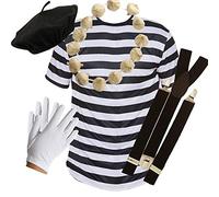 Mega_JumbleSale® Adult Frenchman MIME ARTIST French Man Costume 5PC Set/T-Shirt, Beret Hat, Garlic Garland, Gloves, Suspender Braces (Medium 38-40" Chest)