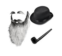 Mega_JumbleSale® Adult Grandad Old Man Grandpa Fancy Dress Set - Black Bowler Hat, Fake Smoking Pipe, Old Man Grey Beard with Eyebrows and Moustache - Men's Cosplay Halloween Hen Stag Party Outfit