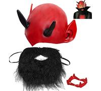 Mega_JumbleSale® Adult Halloween Demon Lucifer Horror Costume Set - Red Devil Horn Skull Cap, Black Beard & Fake Red Teeth -Satan Creepy Scary Fancy Dress Up Kit