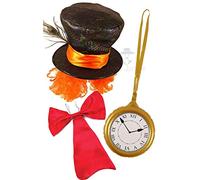 Mega_JumbleSale® Adult Mad Hatter Alice in Wonderland, Tea Party Theme Fancy Dress Halloween ~ Mad Hatter Top Hat w/Hair + Red Bow Tie + Jumbo Clock