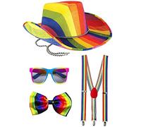 Mega_JumbleSale® Adult Rainbow Gangster Cowboy Felt Hat, Bow Tie, Braces & Sunglasses Gay Pride Fancy Dress Set Gay Pride Festival Unisex Carnival Multicolored Dress Up