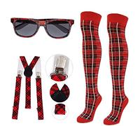 Mega_JumbleSale® Adult Unisex 20s Scottish School Girl Boy Instant Kit Red Tartan Knee High Socks, Suspender Braces & Tartan Sunglasses