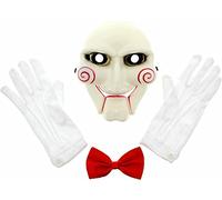 Mega_JumbleSale®Adult Unisex Billy the Puppet Halloween Costume Accessories Set - Jigsaw Masks + White Gloves + Red Bow Tie Massacre Cosplay Costume Creepy Scary Kit