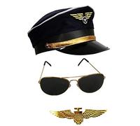 Mega_JumbleSale® Air Force Captain Airline Pilot Captain Fancy Dress Set for Adult, Unisex Hat/Cap, Sunglasses & Badge - Captain Stag Airline Pilot Top Gun