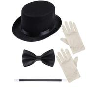 Mega_JumbleSale® Black Bowler Hat, Bow Tie, Gloves & Magic Wand -Magician, Children Magic Play Book Day Fancy