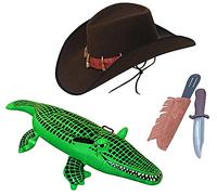 Mega_JumbleSale® Crocodile Mick Dundee Australian Fancy Dress Costume, Brown Cowboy with Teeth Hat, Plastic Explorer Toy & Inflatable Giant Crocodile