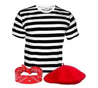 Mega_JumbleSale® Deluxe Mens French Man Stag Night Fancy Dress Costume French Day 3 Piece Set Waiter Outfit Set - Red Beret Hat, Red Neck Scarf and Black & White Stripes T-Shirt (M)