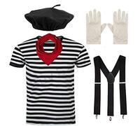Mega_JumbleSale® French Man/Men's French Set MIME ARTIST Costume - Black Beret Hat, T-shirt, Scarf, Gloves, Braces - Cosplay Theme Party Fancy Dress (Men: Large)
