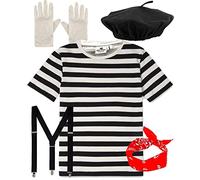 Mega_JumbleSale® French Women/Ladies French Set MIME ARTIST Costume - Black Beret Hat, T-shirt, Scarf, Gloves, Braces - Cosplay Theme Party Fancy Dress (XXL - 18)
