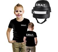 Mega_JumbleSale® Kids Boys S.W.A.T Team Commander Uniform Fancy Dress Kit | Children Black SWAT Print T-Shirt and Helmet (7-8 years)