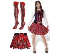 Mega_JumbleSale® Ladies Geek Nerd Chic School Girl Fancy Dress Costume Red Tartan Skirt and Red Tartan Pattern Socks Women's Scottish Fancy Dress Costume Accessories (M/L)