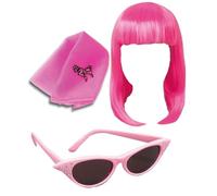 Mega_JumbleSale® Ladies Pink 50s Accessory for Grease 50s Rock N Roll Retro Club Hen Night Fancy Dress Costume Kit - Pink Frame Glasses, Pink Wig and Scarf