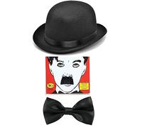 Mega_JumbleSale® Laurel & Hardy Charlie Chaplin TV 1920's 20's Movie Star Fun Black Bowler Hat, Black Bow Tie and Mustache Kit - Stag Comedy TV Fun Fancy Dress