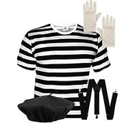Mega_JumbleSale® Mens 4Pc Black & White French Mime Artist - T-Shirt, Beret Hat, Gloves, Suspender Braces ~ Theatrical Circus Performer Carnival Fancy Dress Costume Outfit (L)