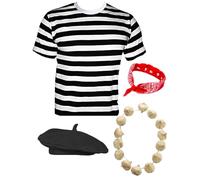 Mega_JumbleSale® Men's French Set Theme Party, Mime Artish - French Man Set Fancy Dress Up Costume, T-Shirt, Scarf, Beret, Garland (X-Large)