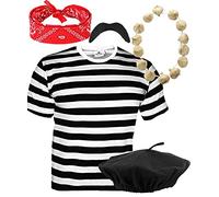 Mega_JumbleSale® Men's Frenchman Fancy Dress Costume Set ~ Black Beret Hat + T-Shirt + Necck Scarf + Onion Garland + Fake Mustache - Theme Party Stag Night French Man Outfit (L)