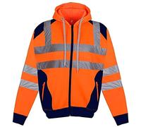 Mega_JumbleSale® Men's Hi Vis Viz Contrast Patches Zipper Hooded Jacket - High Visibility Safety Security Reflective Protective Workwear Sweatshirt Hoodie Top Jumper (XL, Orange)