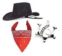 Mega_JumbleSale Men's Ladies Cowboy Cowgirl Rodeo Wild West Fancy Dress Costume Accessories- Hat, Scarf (Bandana), Sheriff Badge, Black/Red,Adult One Size
