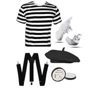 Mega_JumbleSale® Men's MIME ARTIST Adult Frenchman Mime Artist French Man Costume 5PC Set/T-Shirt, Beret Hat, Face Paint, Gloves, Suspender Braces (Men: Large)