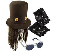 Mega_JumbleSale® Slash Heavy Metal Rocker Adults 1980's Rock Style Top Hat with Silver Rock n Roll Glasses Retro Punk Gothic Fancy Dress Set