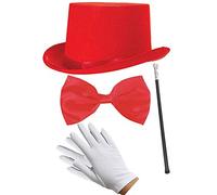 Mega_JumbleSale® Supa Mac Daddy Pimp Gangster Unisex Adults Red Satin Top Hat,Silver Head Cane, Bowtie & Gloves - Pimp Party Fancy Dress Set