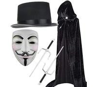 Mega_JumbleSale® V for Vendetta Costume Kit Fancy Dress | Anonymous Guy Fawkes Vendetta Mask + Black Hooded Cape + Hat + Dagger Jewelled in Sheath Fancy Dress
