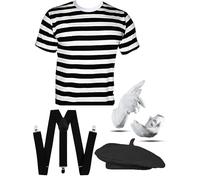 Mega_JumbleSale® Women French Mime Artist Ladies MIME ARTIST French JOKER Set/T-Shirt + Beret + Braces + Gloves, French Costume, Adults (Med: 10-12)