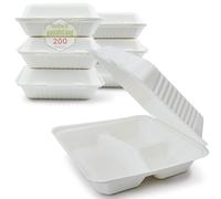 Mega Packaging 200 x Eco-Friendly Clamshell Takeaway Boxes, 9x9 inch 46oz / 1300ml, 3 compartments, Made from Natural Sugarcane Pulp, Disposable Takeaway Container, Compostable Biodegradable