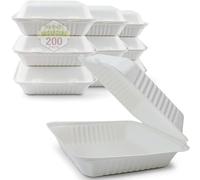 Mega Packaging 200 x Eco-Friendly Clamshell Takeaway Boxes, 9x9 inch 46oz / 1300ml, Made from Natural Sugarcane Pulp, Disposable Takeaway Container, Home Compostable Biodegradable, Sugarcane bagasse
