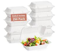 Mega Packaging 250 x Eco-Friendly Clamshell Takeaway Boxes, 9x6 inch, 32oz / 900ml, Made from Natural Sugarcane Pulp, Disposable Takeaway Container, Home Compostable Biodegradable, Sugarcane bagasse