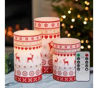 Mega Socket LED Wax Flameless Candles Christmas Reindeer Pillars Flicker Flame Candle Pillars USB Rechargeable Set of 3 Remote Control WAX04