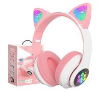 Megadream Bluetooth Kids Headphones Cat Ear Foldable Earphones LED Light Up Children Headset with Microphone for iPhone/iPad/Tablet,Bluetooth 5.0&Stereo Sound for Girls Boys Gift Age 7+ (White+Pink)