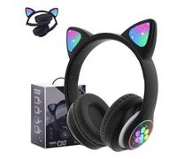 Megadream Cat Ear Bluetooth Headphones with LED Lights, Wireless Over Ear Headset with Microphone for iPhone/iPad/Tablet, Bluetooth 5.0, Stereo Sound & Volume Control for Kids (Black)