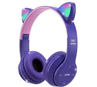 Megadream Kids Wireless Headphones, Bluetooth Over Ear Headphones with Microphone, Cat Ear LED Light Child Headset TF Card/Wired Foldable Earphones for Girls Boys Gift Age 7+(Purple)